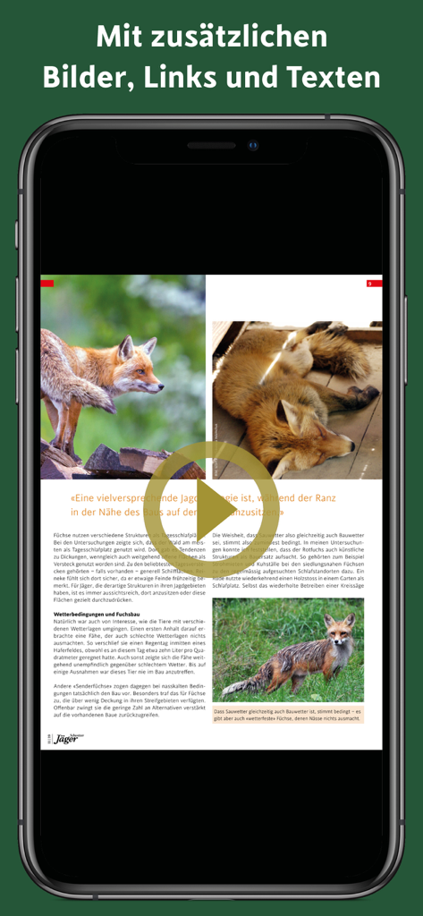 Smartphone screen showing the Schweizer Jager digital magazine app with an article about foxes and multimedia play button