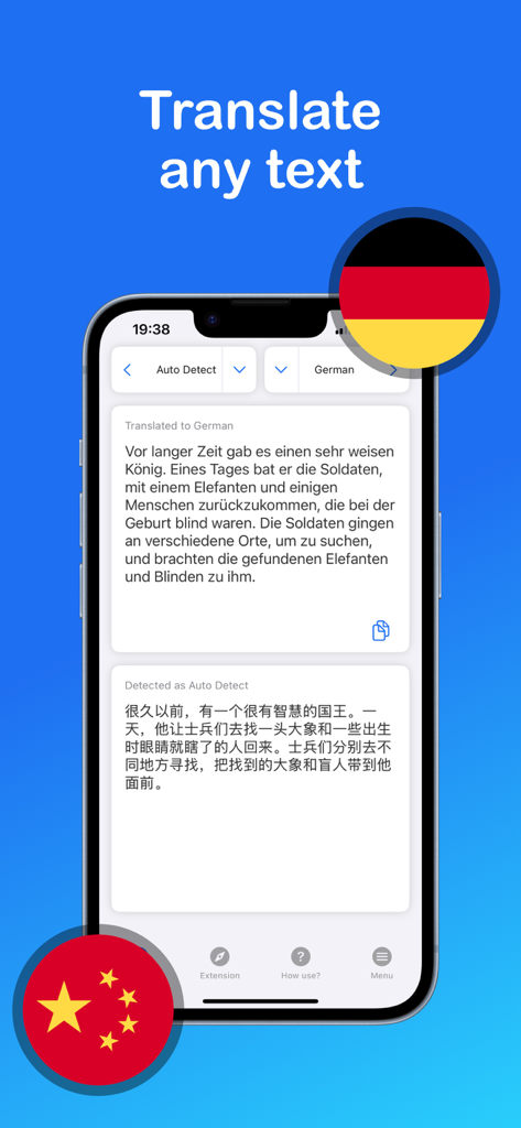 Interfaccia dell'app Translate Hola che mostra la traduzione di testo dal cinese al tedesco
