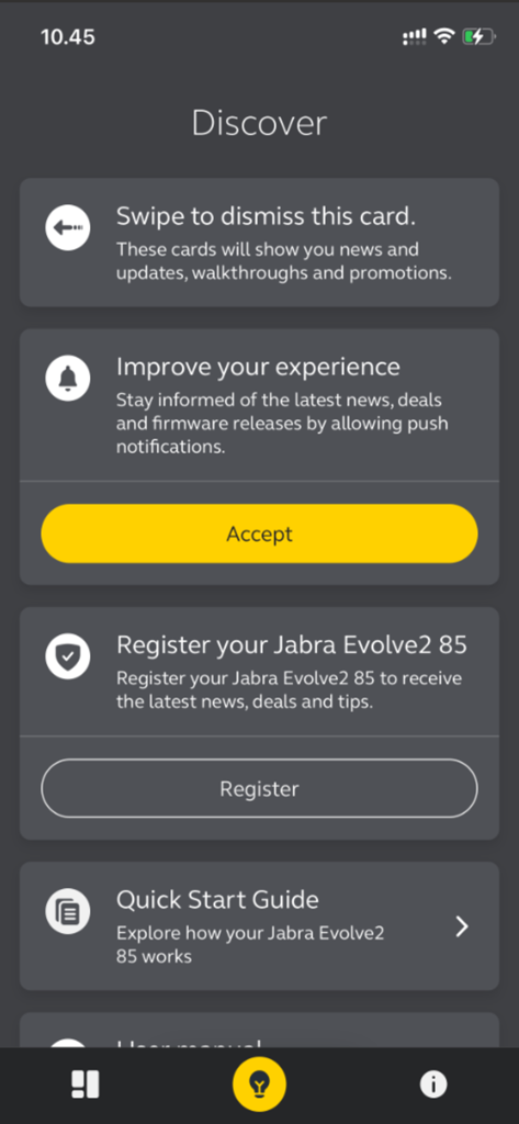 Discover tab in the Jabra Sound+ app showing options to register devices and access quick start guides