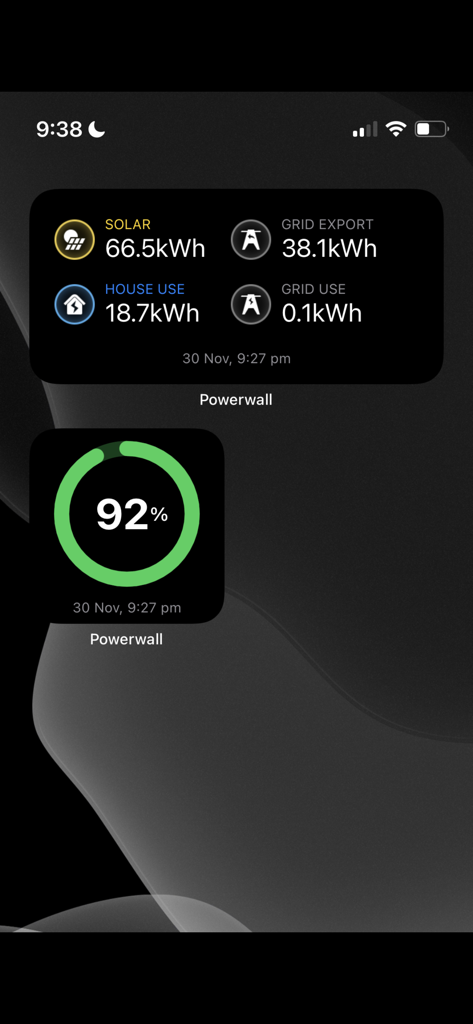 Powerwall Monitor - Widget iOS di Powerwall Monitor che mostrano statistiche sull'energia solare e la percentuale della batteria