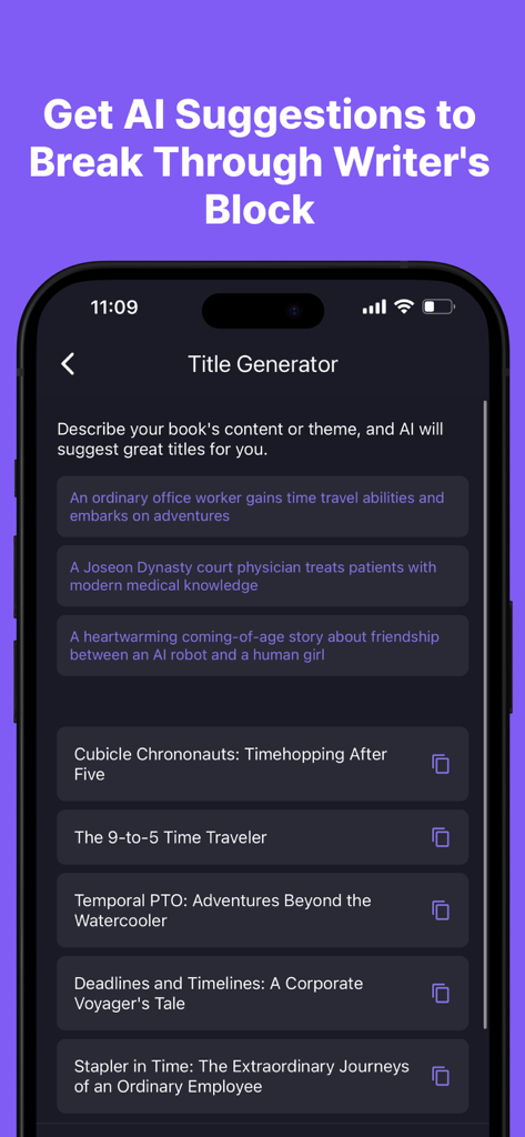 AI Book Writer - Story Maker - AI Book Writer app screen showing the title generator feature with suggested book titles for a story about a time traveling office worker
