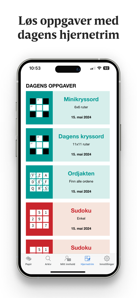 Vårt Land e-avis - Brain training puzzles and games section in the Vart Land e-avis app
