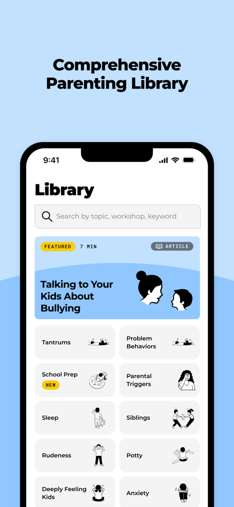 Good Inside: Parenting - A smartphone screen displaying the Good Inside app library with parenting categories like tantrums, sleep, and triggers.