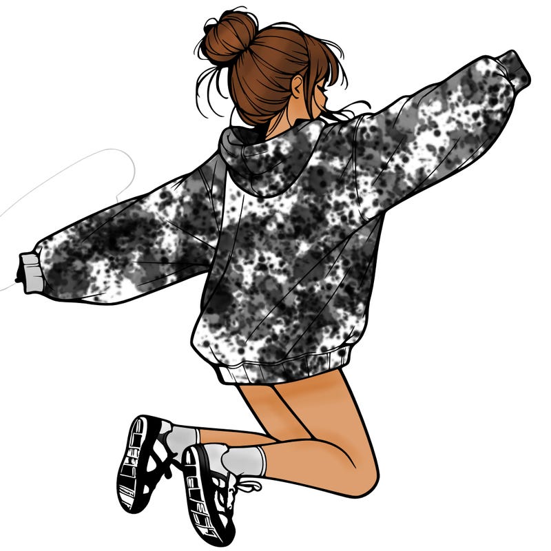 realistic girl jumping with a bun and oversized sweatshirt