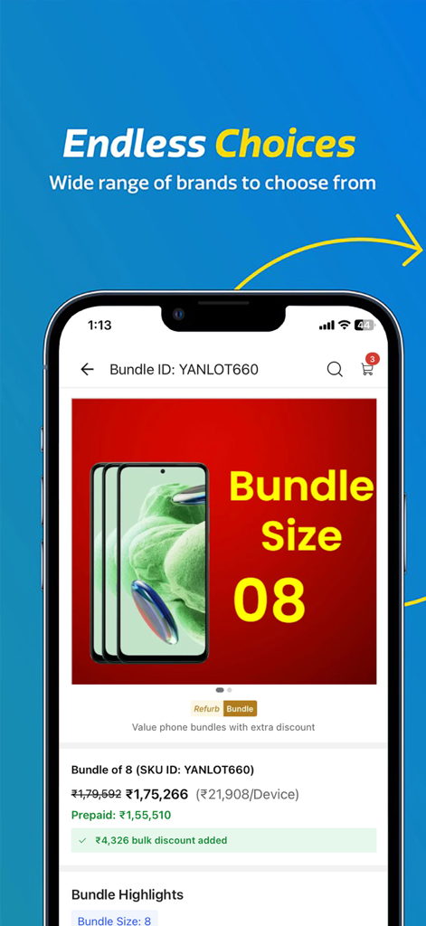 Flipkart Reset for Business - Interface of the Flipkart Reset for Business app showing wholesale bundles of refurbished smartphones with bulk pricing and discounts.