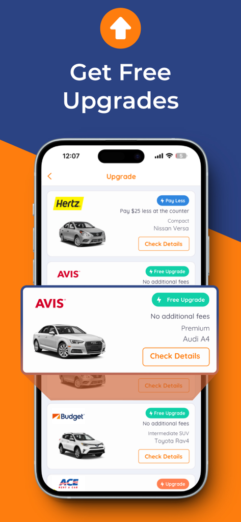 Carla - Cheap Car Rental Deals - Carla app interface showing free car rental upgrade deals from top rental companies.