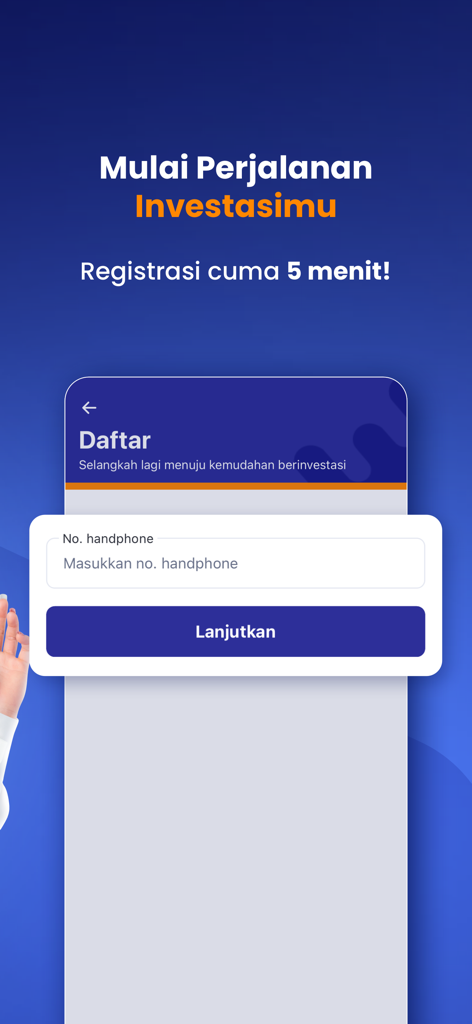 BMoney - Saham & Reksadana - BMoneyアプリの登録画面。電話番号入力と5分でのサインアップを約束するインドネシア語が表示されています