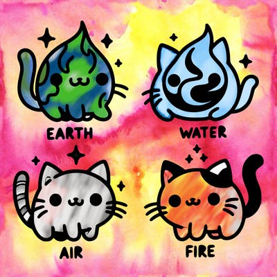 4 cats that represent the different elements, earth, water, air, and fire
