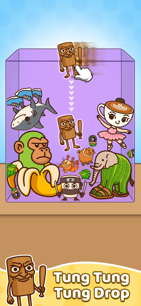 Italian Meme Game: Merge Drop - Gameplay of Italian Meme Game showing various absurd brainrot characters being merged in a puzzle container