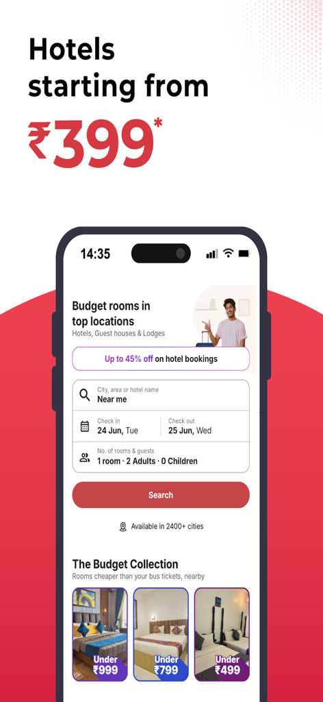 redBus: Bus, Train Booking App - redBus mobile app interface for booking budget hotels and guest houses with special discounts