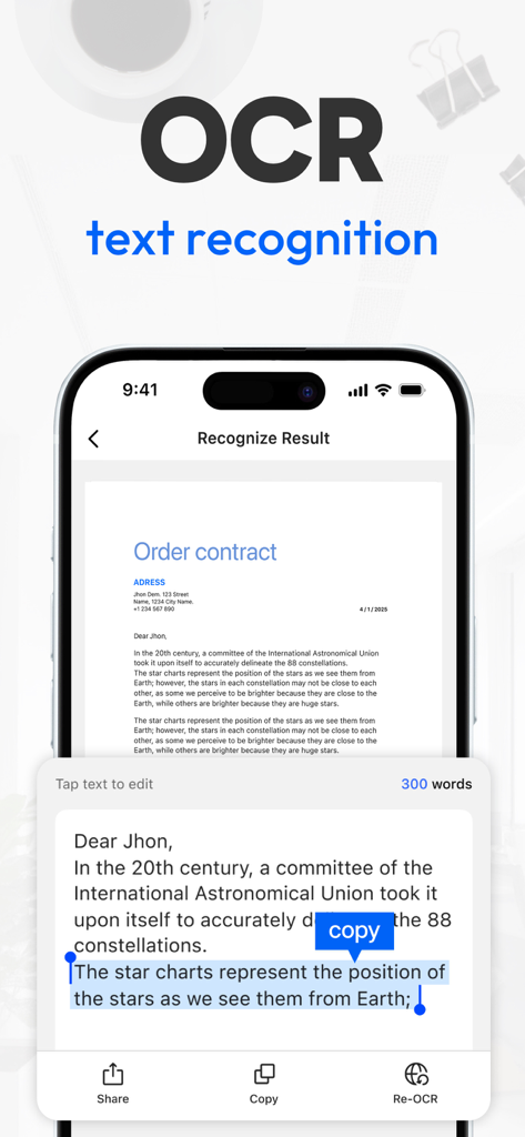Tiny Scanner app interface showing OCR text recognition feature on an iPhone