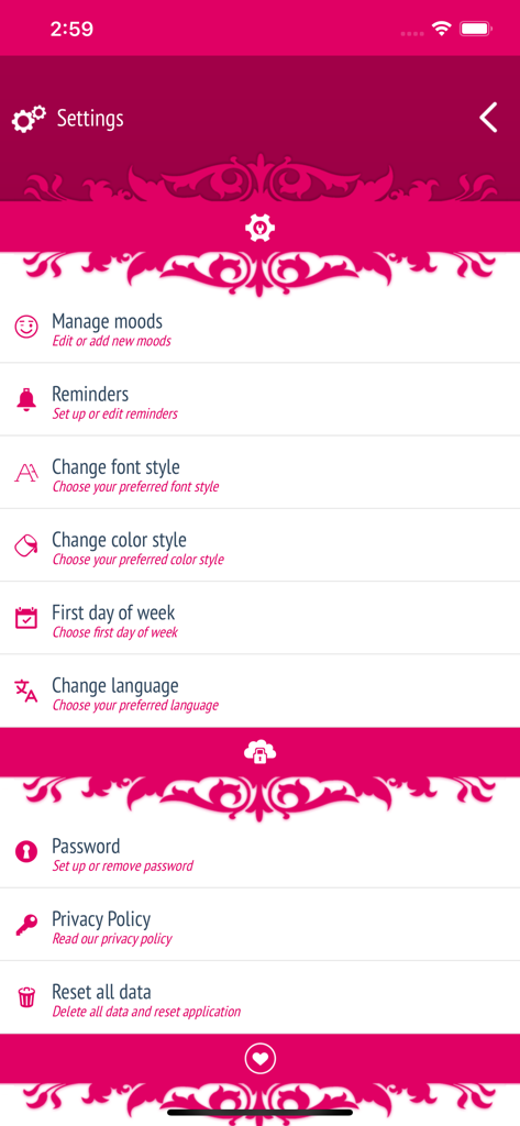 Secret Diary With Passcode - Settings screen of the Secret Diary app showing options for moods, fonts, colors, and password protection.