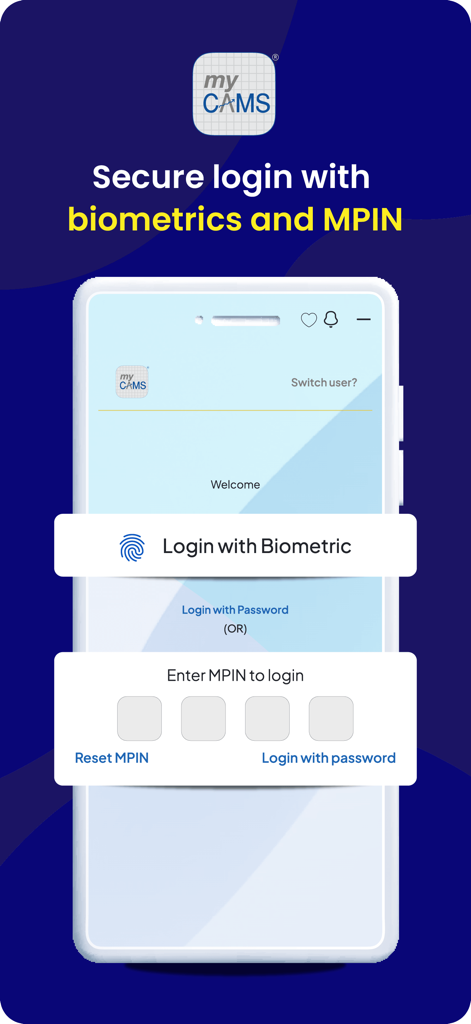 myCAMS Mutual Fund App - Bildschirm der myCAMS-App, der sichere Anmeldeoptionen mit biometrischen Daten und MPIN für Investmentfonds-Investitionen anzeigt
