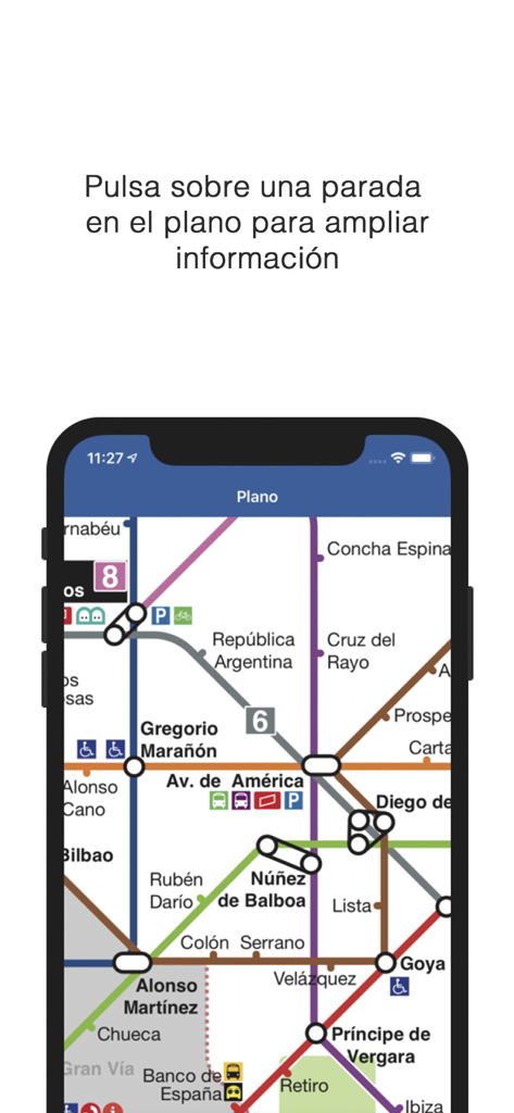 Un mapa esquemático interactivo del sistema de metro de Metro de Madrid dentro de la aplicación MetroTiming.