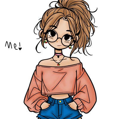 girl with a messy ponytail glasses a baggy crop top and jean shorts