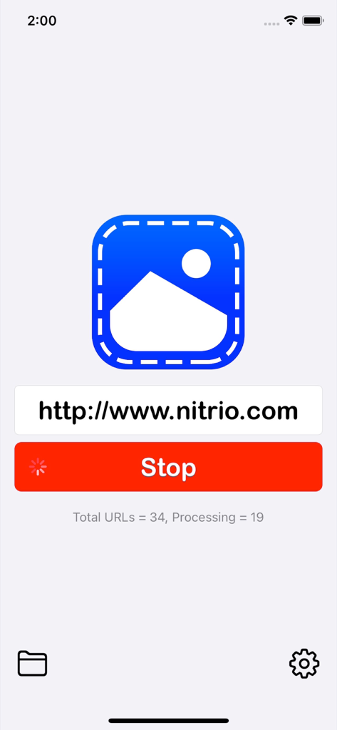 Images Crawler app screen showing a website URL being processed for image extraction