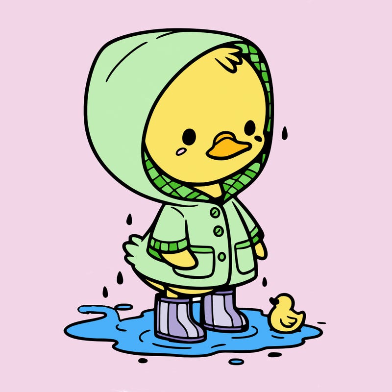 baby duck in a rain coat and boots, in a puddle while it’s raining
