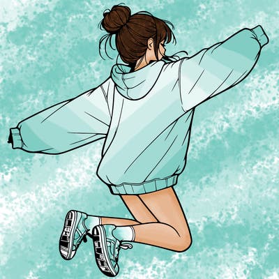 realistic girl jumping with a bun and oversized sweatshirt