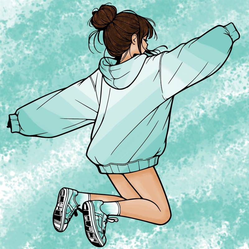 realistic girl jumping with a bun and oversized sweatshirt