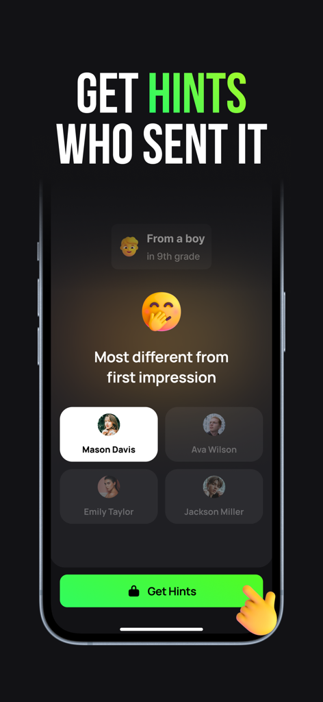 A mobile screen showing a school poll about first impressions with an option to get hints about who voted.