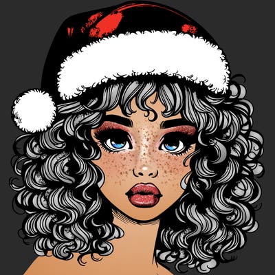 realistic girl with a santa hat curly hair and lips