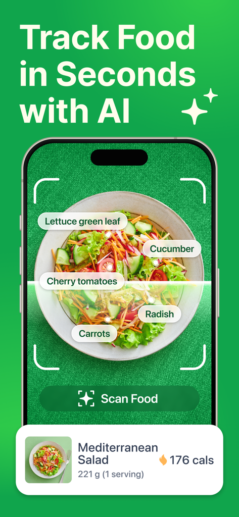 PlateAI - MyNetDiary AI Coach - PlateAI app interface showing AI meal scan identifying ingredients in a Mediterranean salad