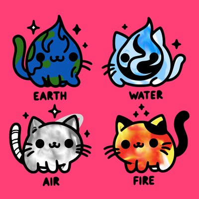 4 cats that represent the different elements, earth, water, air, and fire