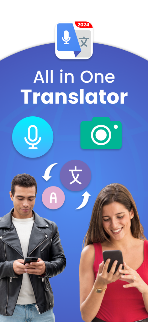 Translate Voice Translator App - Eine Werbegrafik für eine All-in-One-Übersetzer-App mit Symbolen für Sprach- und Kameraübersetzung, daneben zwei Personen, die ihre Smartphones benutzen.