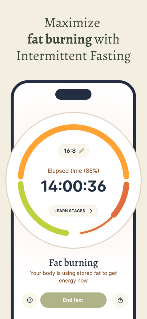 Forme Fasting Timer - L'application Forme Fasting Timer montrant un cercle de progression de jeûne 16:8 et l'état de combustion des graisses.