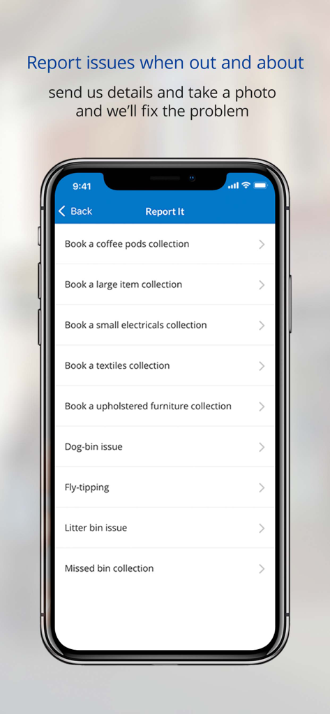 Horsham District Council mobile app Report It interface showing options for waste collection and reporting issues