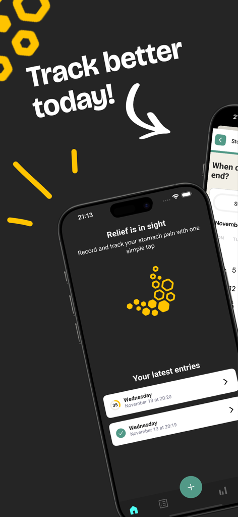 A mobile app dashboard for the Stomach Ache Tracker showing the daily symptom log and latest entries for digestive health monitoring on an iPhone screen.