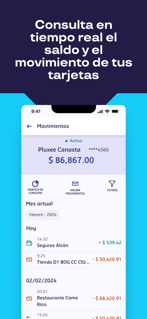 Pluxee Colombia - Mobile app screen showing real-time balance and transaction history for a Pluxee card.