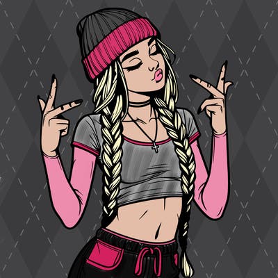 realistic teenage girl with braids and a beanie and crop top doing 🫶🏼