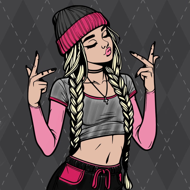 realistic teenage girl with braids and a beanie and crop top doing 🫶🏼