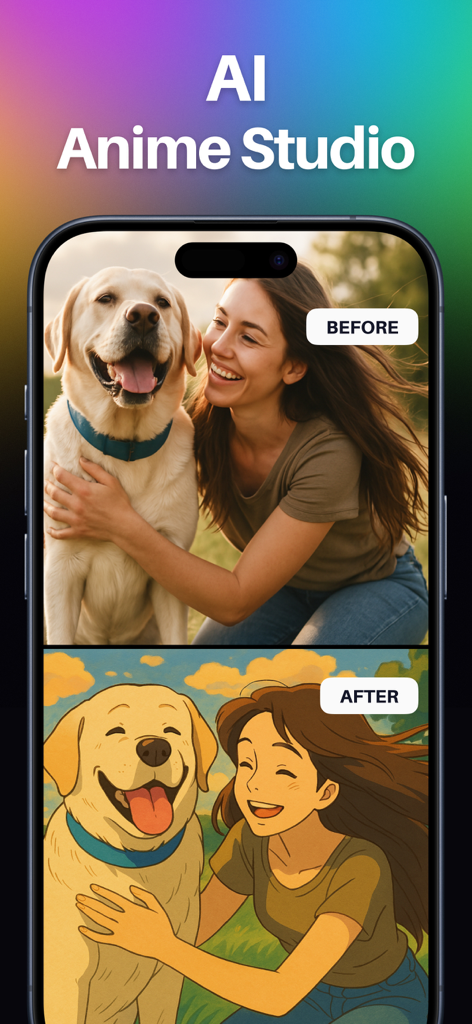 Crisp - AI Photo Enhancer - AI Anime Studio before and after transformation of a woman and her dog