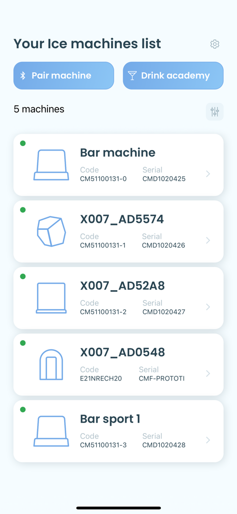 IceWorld - A list of connected commercial ice machines on the IceWorld app dashboard.
