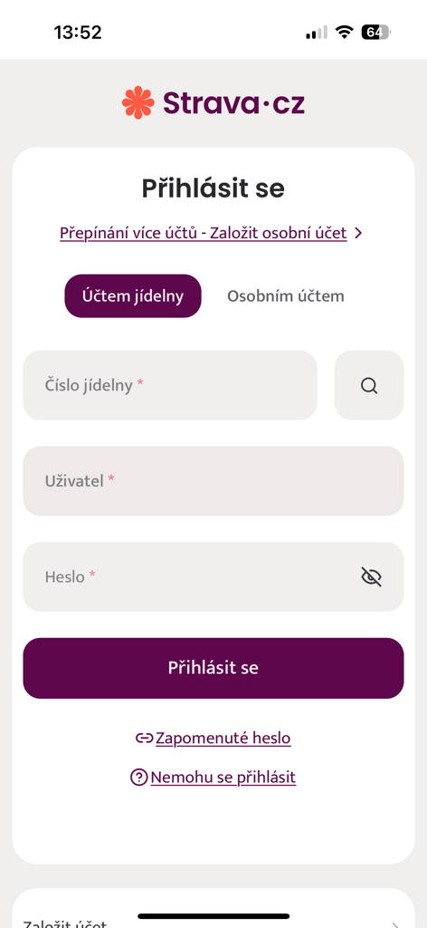 Strava.cz Meal Ordering - Login page of the Strava.cz meal ordering app showing input fields for cafeteria code and user credentials.