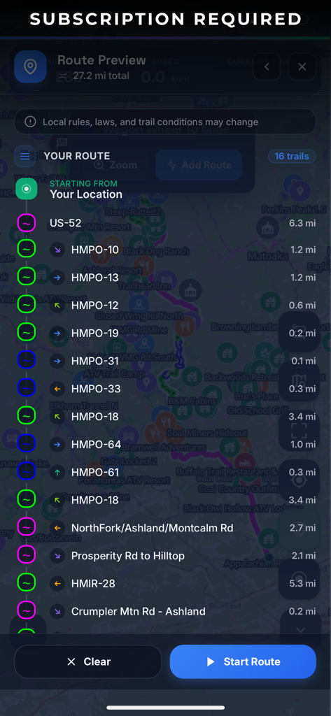 Trail X Trail - Trail X Trail app route preview screen showing a list of trail segments and distances for off-road navigation