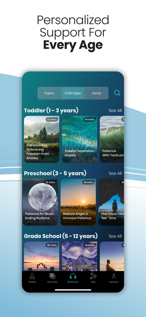 Tela do aplicativo MamaZen exibindo sessões de áudio de parentalidade personalizadas organizadas por grupos de idade infantil