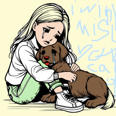 realistic girl crying with a realistic dog laying on her lap