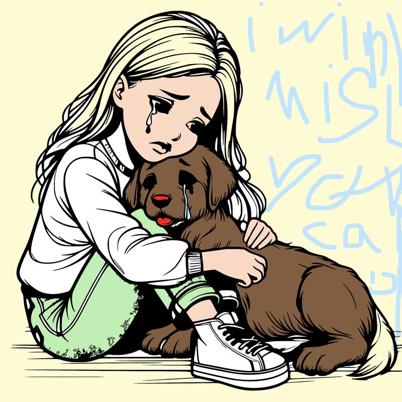 realistic girl crying with a realistic dog laying on her lap