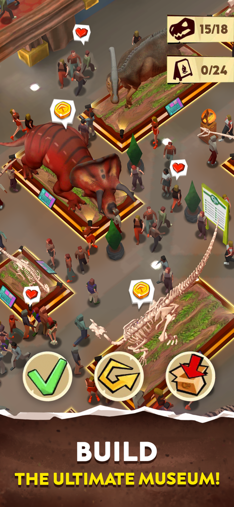 A bustling jurassic museum hall with large dinosaur exhibits and visitors in Dino Quest 2