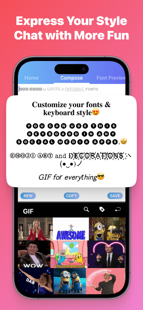 Smartphone interface showing custom font styles and a GIF library for messaging.