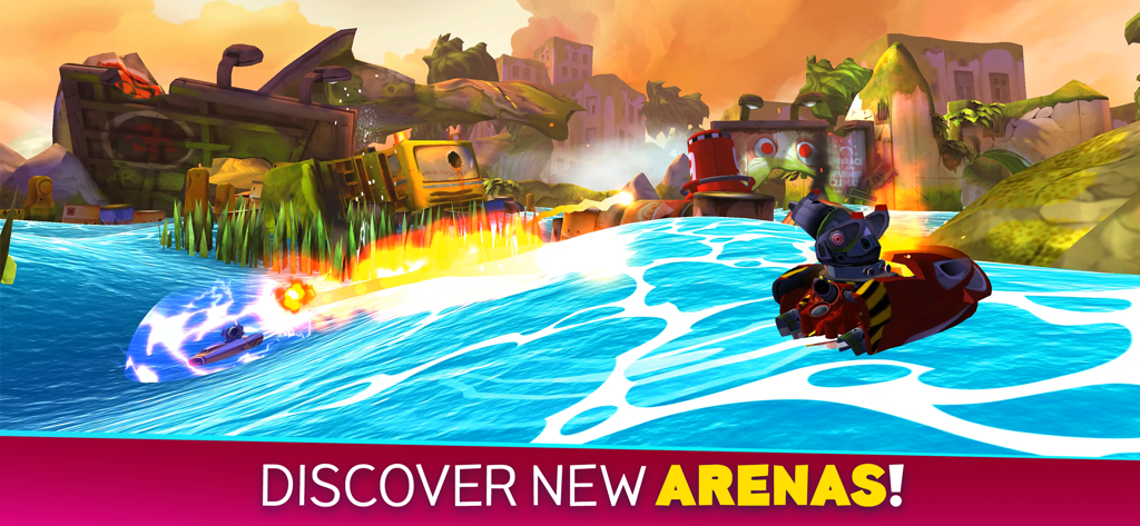 Battle Bay - A vibrant naval combat scene in Battle Bay featuring stylized ships and a ruined city backdrop.