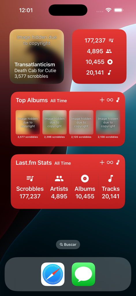 Finale for Last.fm - Finale for Last.fm music statistics widgets on an iPhone home screen.