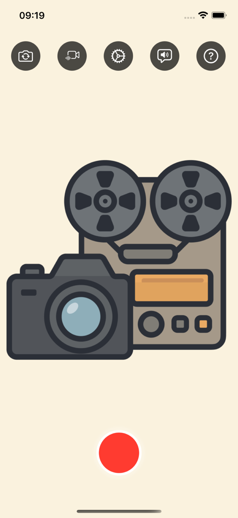 Tela inicial do aplicativo Studio Camera mostrando controles de gravação e ícones de áudio e vídeo