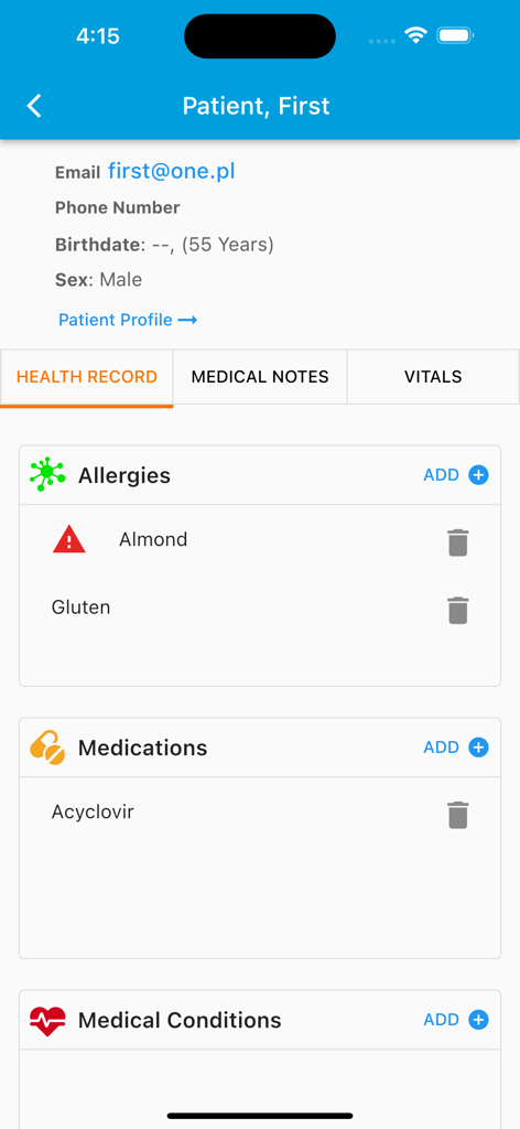 PocketPatientMD - PocketPatientMD mobile app showing a patient health record with allergies and medications