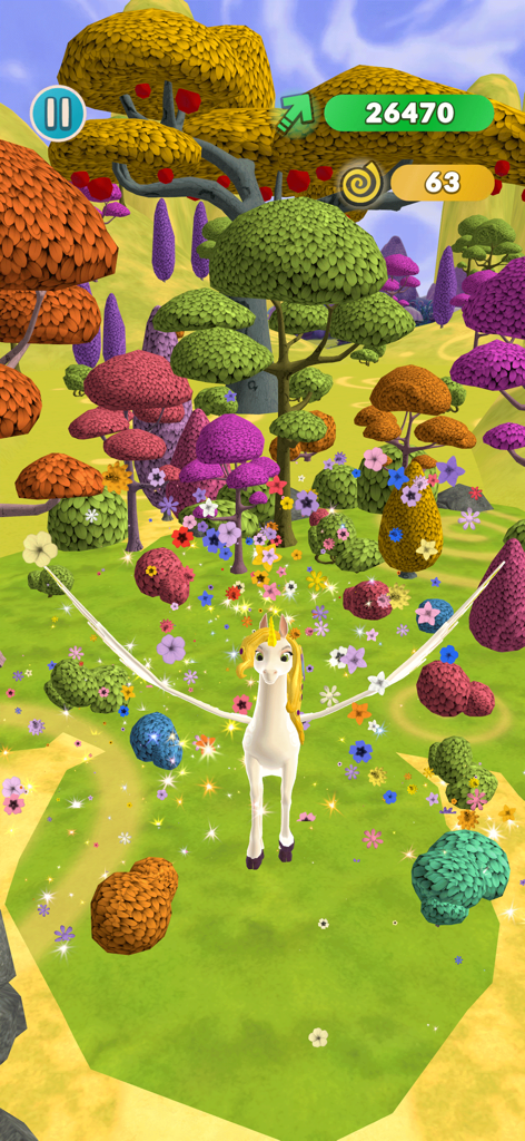 A white winged unicorn with a golden mane standing in the magical, colorful world of Centopia.