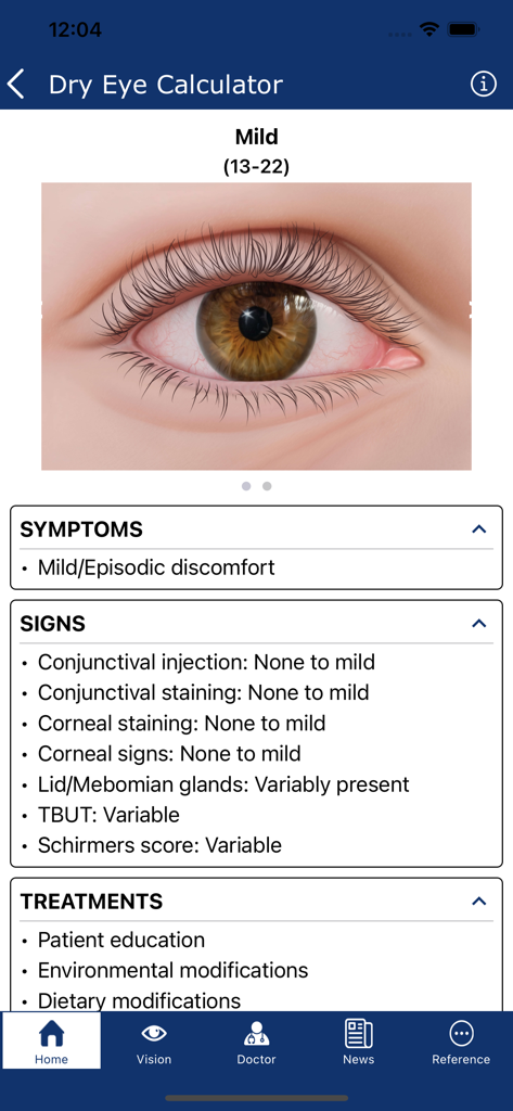 Eye Patient - Pantalla de Calculadora de Ojo Seco en la aplicación Paciente Ocular que muestra síntomas, signos y tratamientos para condiciones de ojo seco leve.