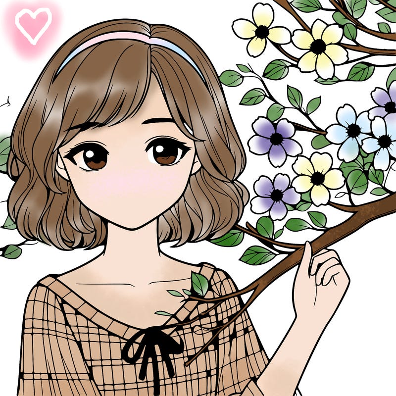 realistic girl next to dog wood tree.